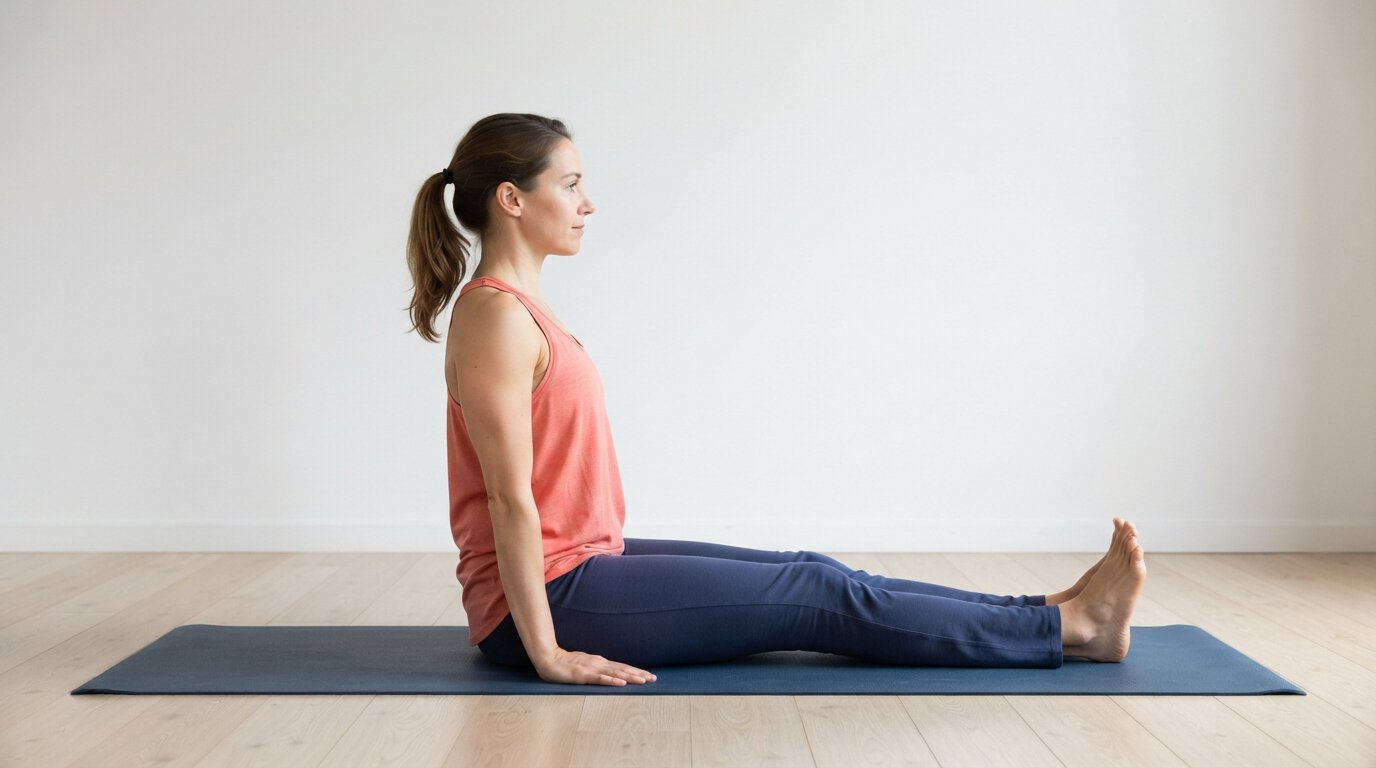 Paripurna Navasana, step 1: sitting in Staff Pose with the hands behind the hips