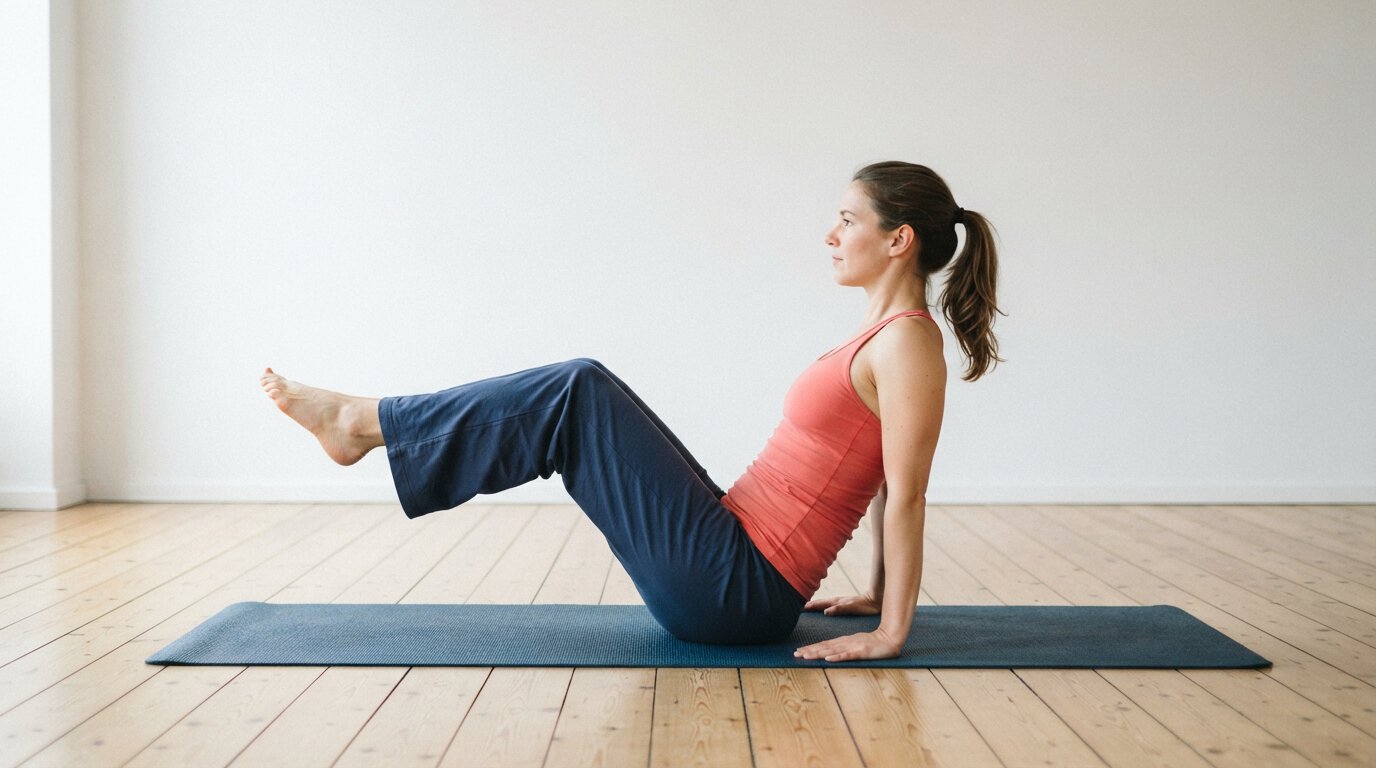 Paripurna Navasana, step 2: leaning back with the legs lifted off the floor
