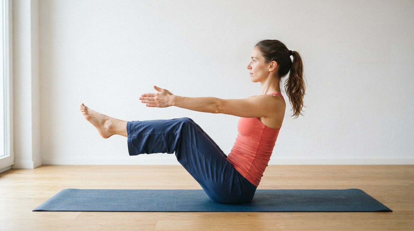 Paripurna Navasana, step 3: arms extended parallel to the floor