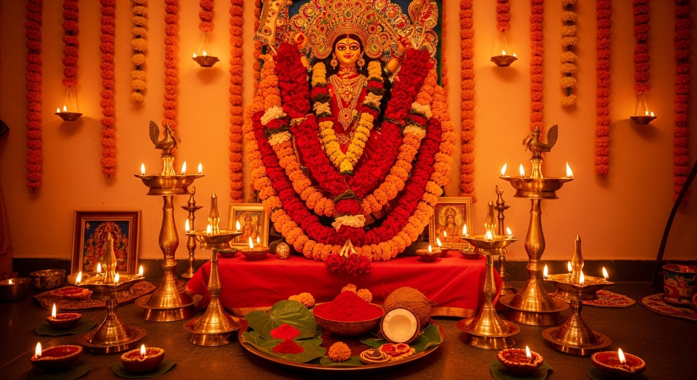 Навратри — алтарь Дурги с девятью светильниками