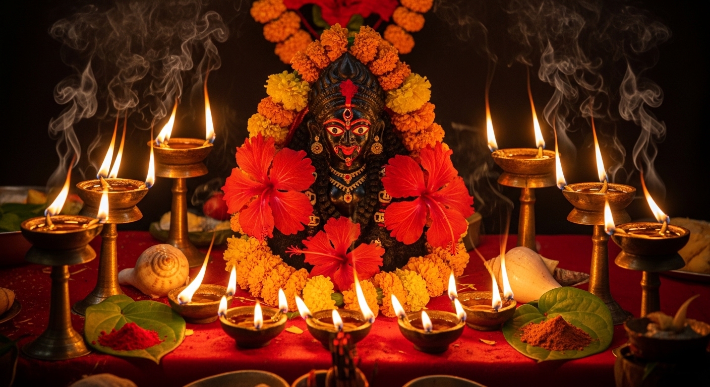 Пуджа Кали — подношение гибискуса и зажжённой лампады